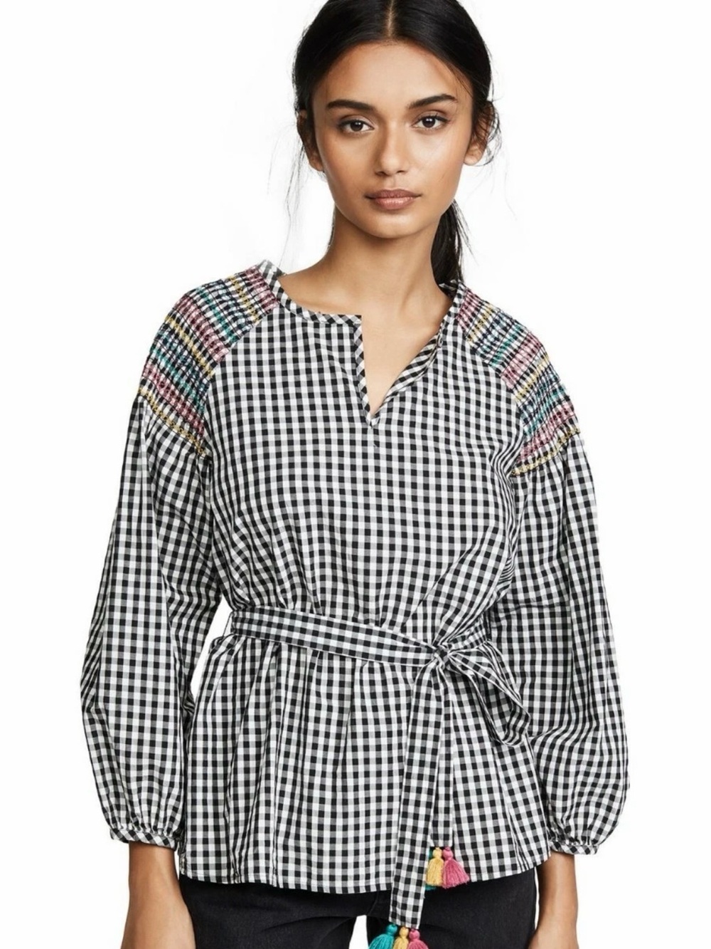 NWOT$118 Madewell Black White Gingham Smocked blouse Top XS, 19” Pit To Pit